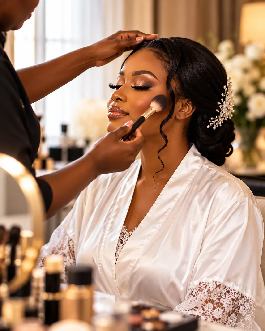 Truccatrice che applica il blush a una sposa in vestaglia bianca