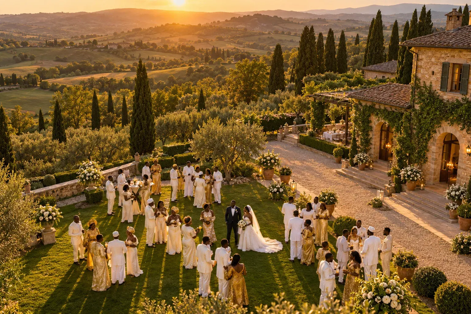 Veduta dall'alto di un matrimonio in una villa di campagna italiana