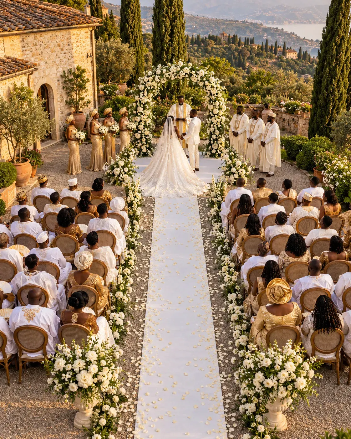 Cerimonia di matrimonio in giardino vista dall'alto