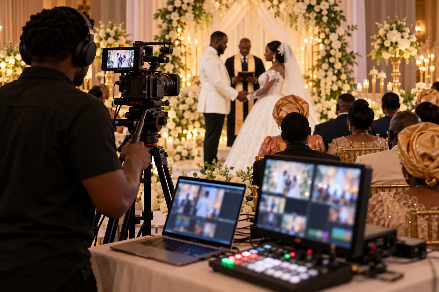 Operatore video con cuffie e postazione di regia live durante una cerimonia di matrimonio