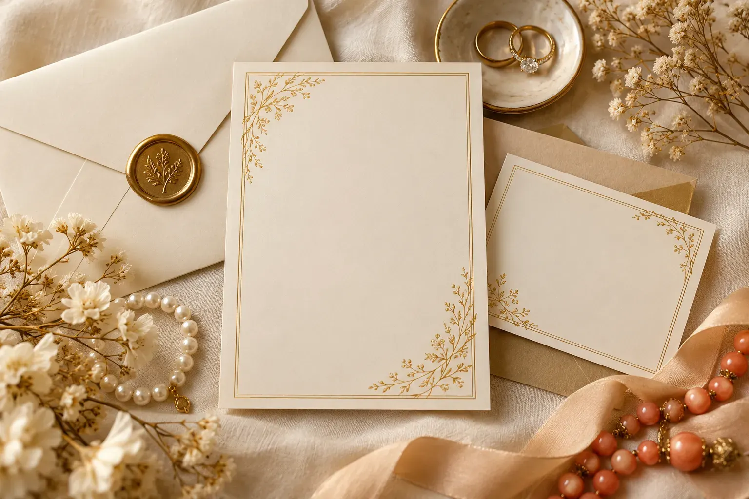 Partecipazioni di matrimonio vuote su un telo avorio con sigillo in ceralacca, fedi e fiori secchi