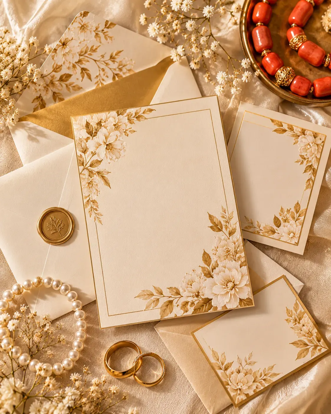 Partecipazioni di matrimonio color avorio e oro con busta, sigillo, fedi e perle di corallo